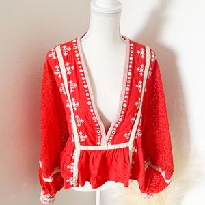 Free People Lace Sleeve Embroidered Boho Top